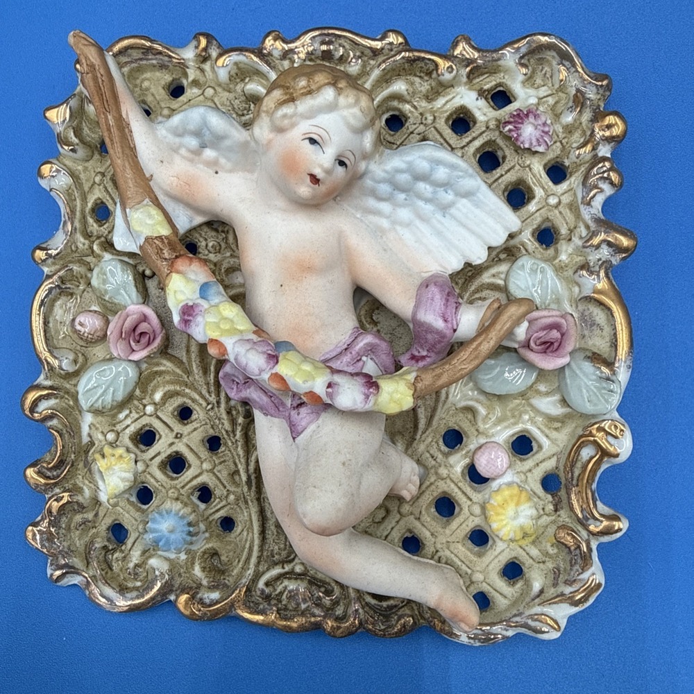 Vintage UCAGCO Japan Cherub Wall Plaque Hand Painted Porcelain Cupid Gold Lace